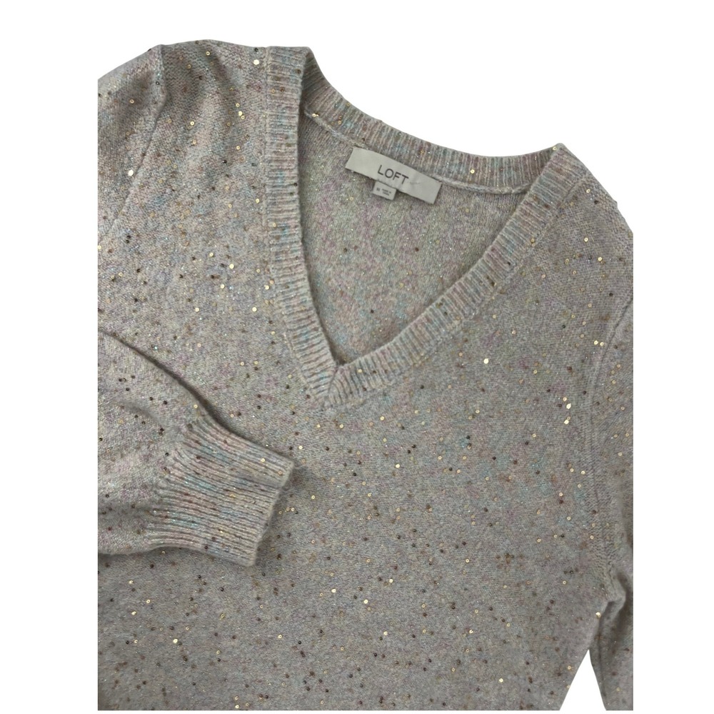 Loft Womens‎ Medium Beige Marled Sequin V-Neck Puff Sleeve Knit Sweater Pullover